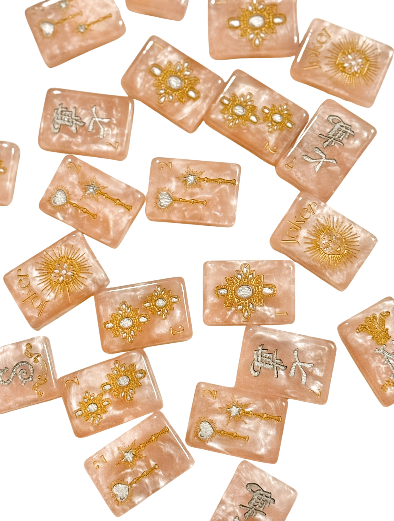 Custom Monogram D'or Pink Mother of Pearl Mah Jong Tiles - Silver & Gold