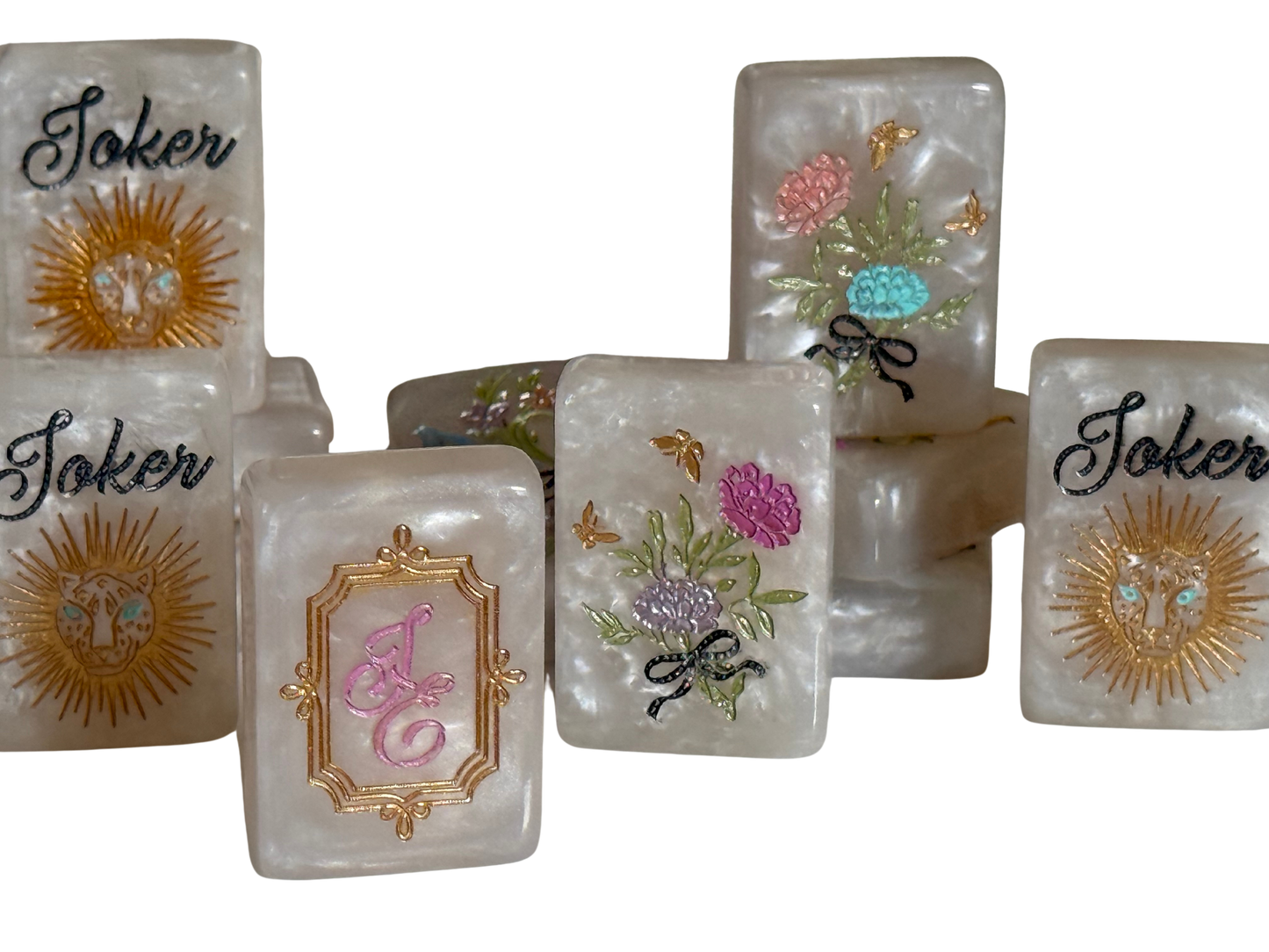 CUSTOM Pearl Royale Mother of Pearl Mah Jong Tiles - Miss Poochie - PRE-ORDER   6 MONTH ESTIMATED PRODUCTION TIME  *Trademark Pending