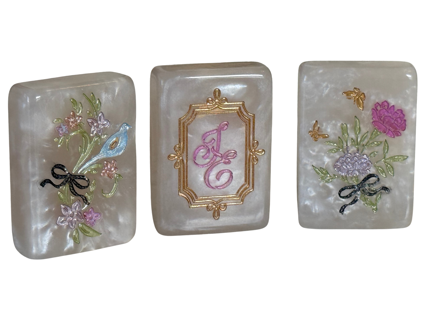 CUSTOM Pearl Royale Mother of Pearl Mah Jong Tiles - Miss Poochie - PRE-ORDER   6 MONTH ESTIMATED PRODUCTION TIME  *Trademark Pending