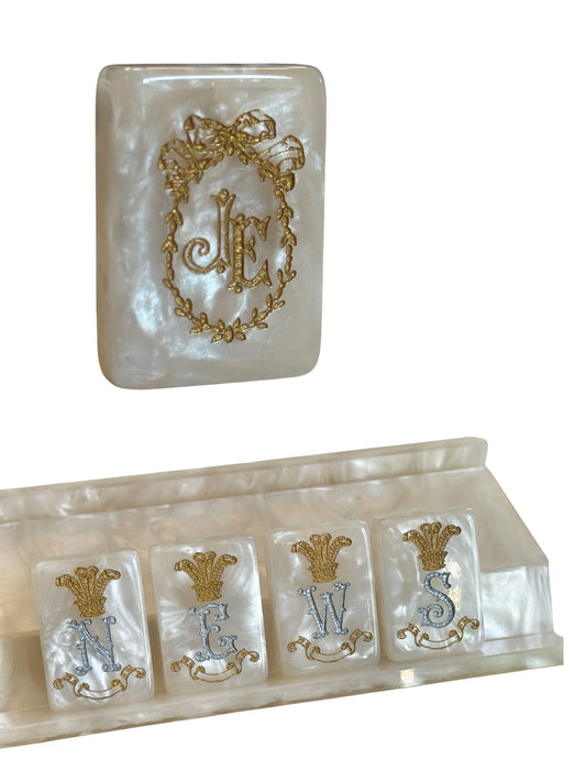 Custom Monogram D'or White Mother of Pearl Mah Jong Tiles - Silver & Gold