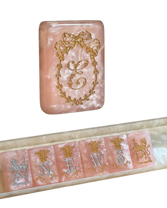 Custom Monogram D'or Pink Mother of Pearl Mah Jong Tiles - Silver & Gold